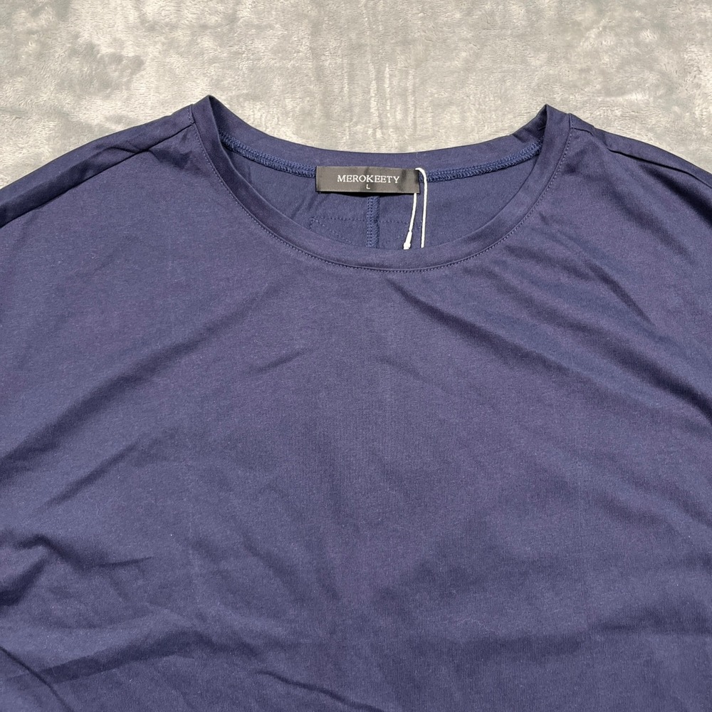 MEROKEETY Peplum T-Shirt Women Navy Blue Ruffle Hem Short Sleeve Crew Neck Large - Picture 3 of 14